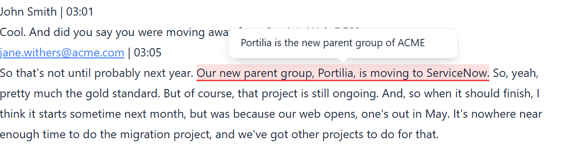 Close-up of inline claim extraction with tooltip showing extracted claim from transcript text
