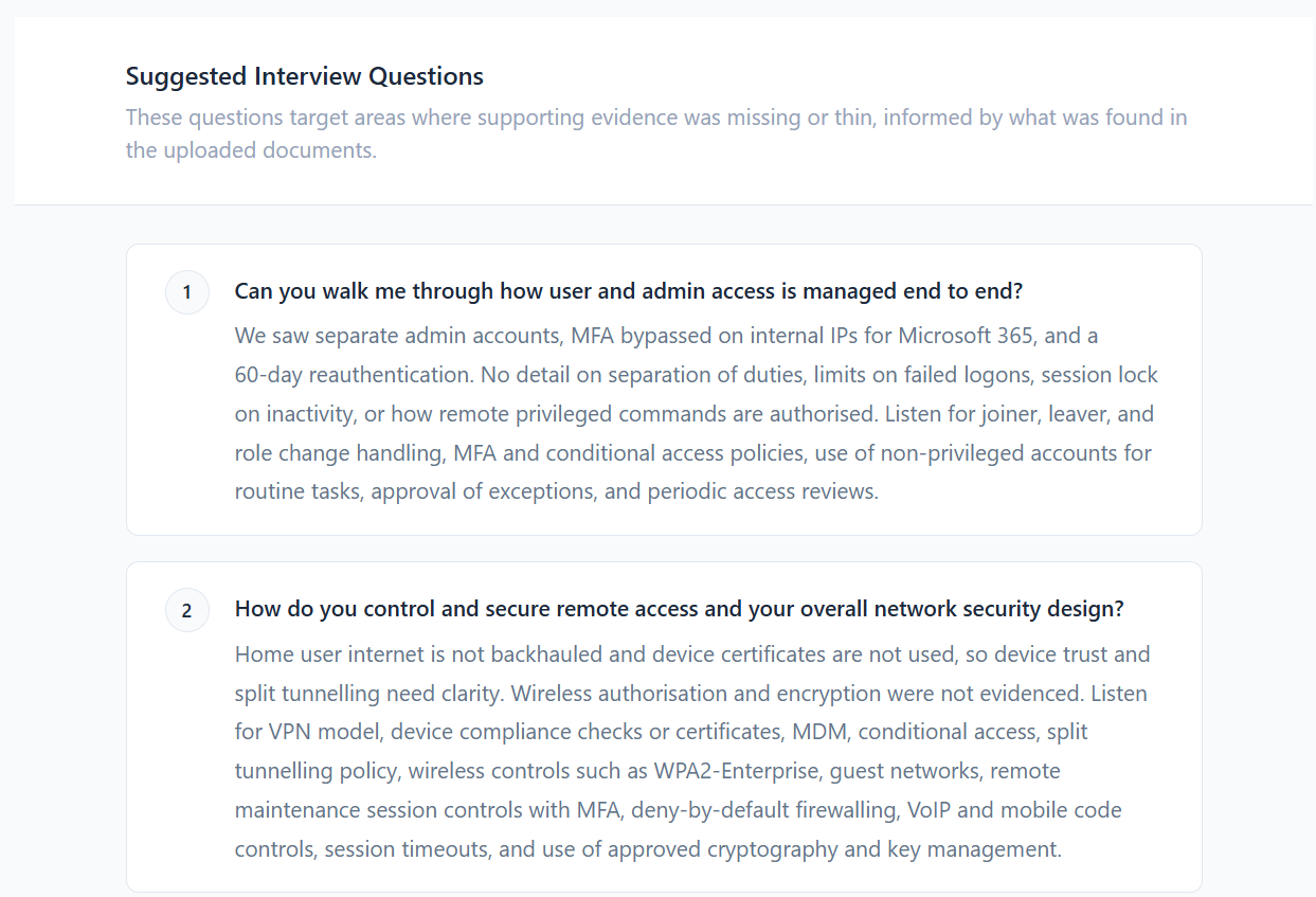 AI-generated interview questions with detailed assessor guidance notes