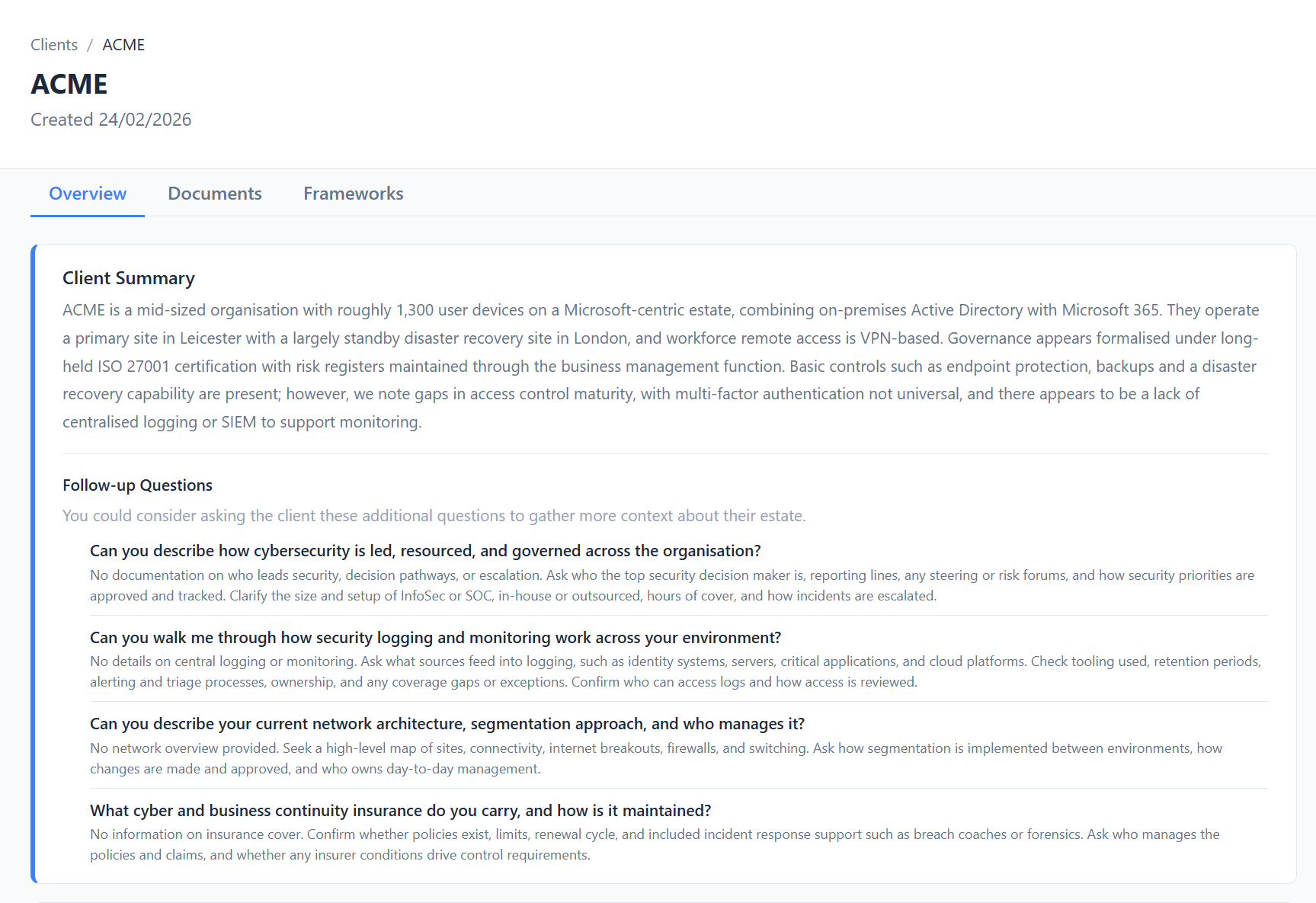 Client overview showing AI-generated summary and contextual follow-up questions