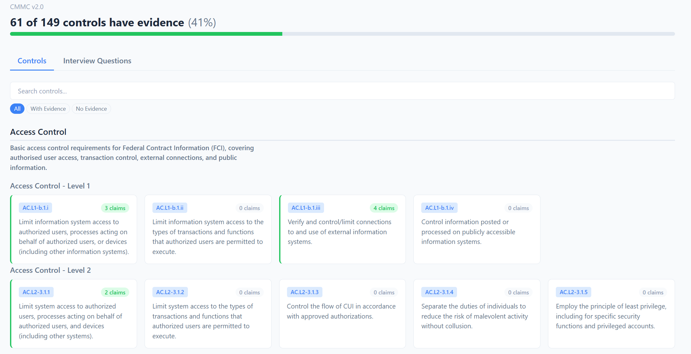 CMMC v2.0 framework mapping showing 61 of 149 controls with evidence and a 41% coverage bar