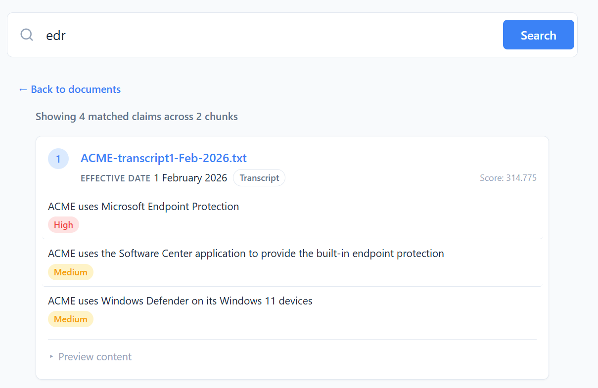 Semantic search results for 'edr' showing matched claims with relevance scores and severity badges
