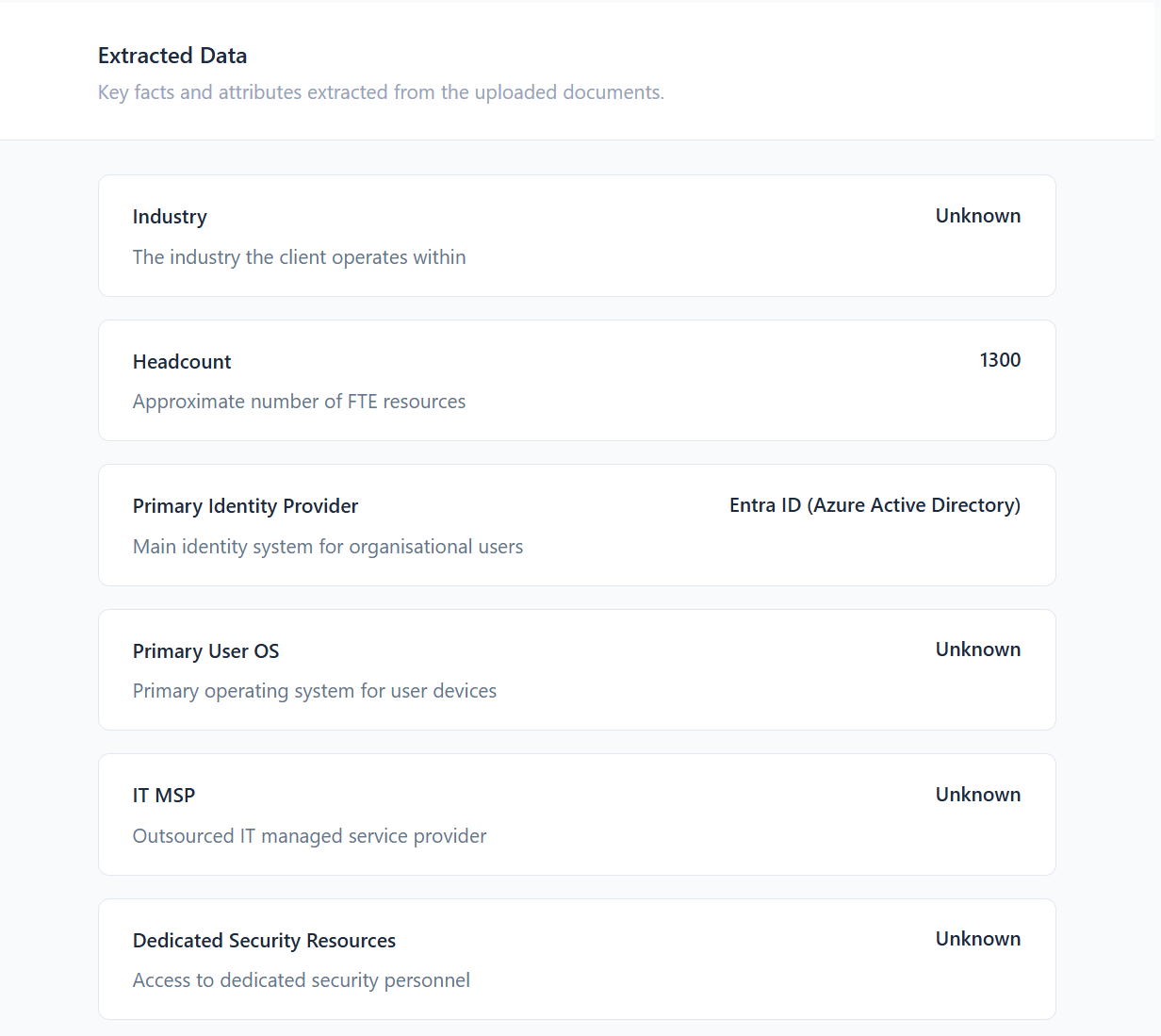 Structured data extraction showing client attributes pulled from uploaded documents